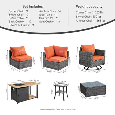 Ensemble de salon sectionnel OVIOS en osier à siège profond, 11 pièces, chaises pivotantes, foyer