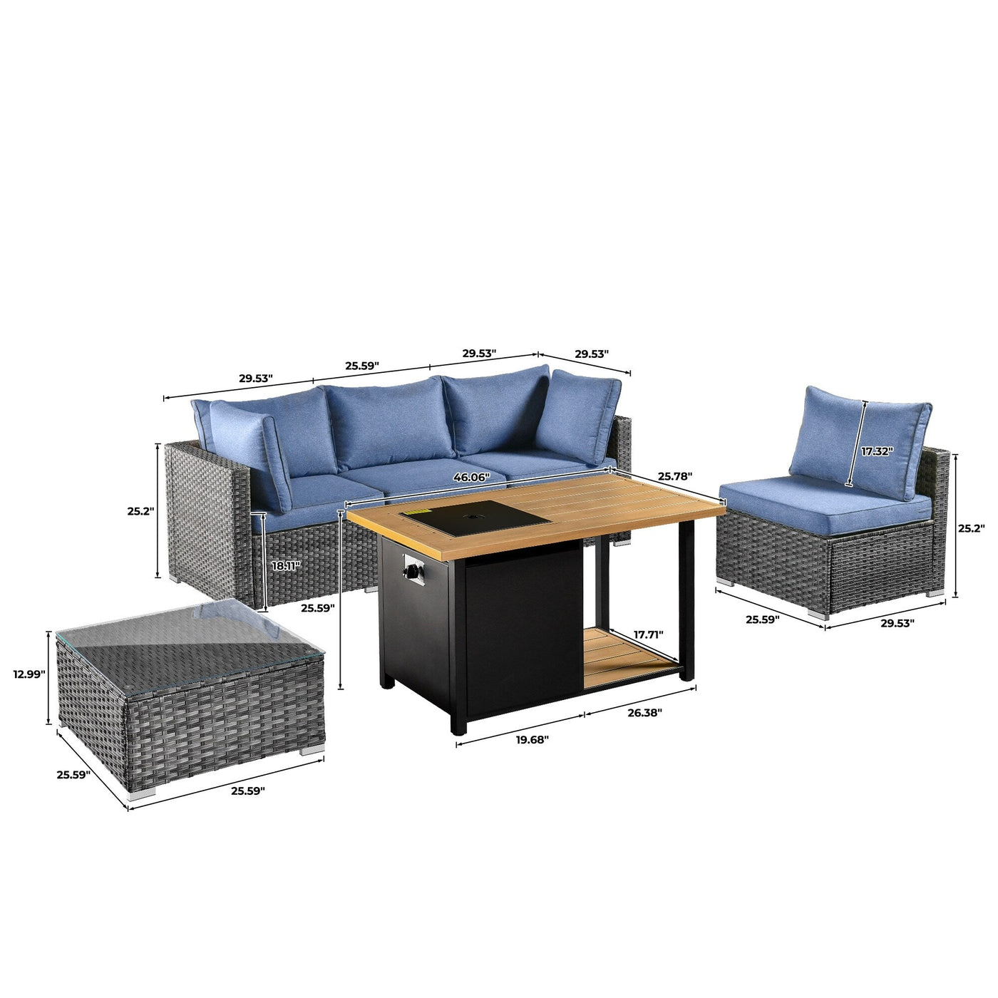 Ensemble de salon sectionnel OVIOS en osier à siège profond, 11 pièces, chaises pivotantes, foyer