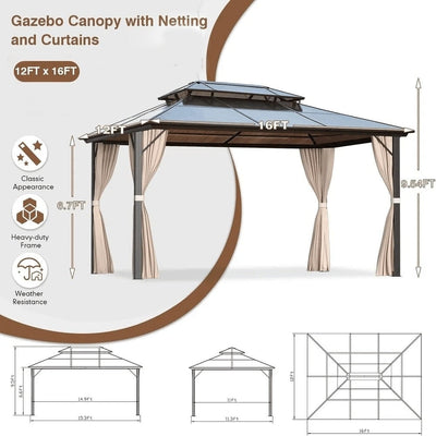 Gazebo à toit rigide EROMMY, pergola d'extérieur avec double toit, filet et rideaux, auvent robuste pour patio, arrière-cour, fête au bord de la piscine