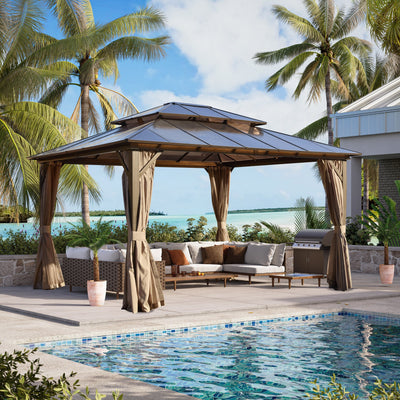 Gazebo à toit rigide EROMMY, pergola d'extérieur avec double toit, filet et rideaux, auvent robuste pour patio, arrière-cour, fête au bord de la piscine