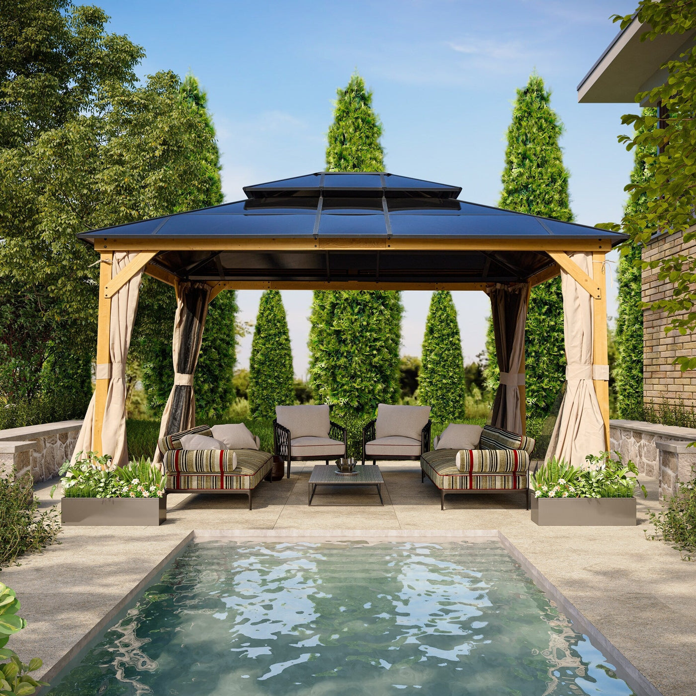 Gazebo à toit rigide EROMMY, pergola d'extérieur avec double toit, filet et rideaux, auvent robuste pour patio, arrière-cour, fête au bord de la piscine