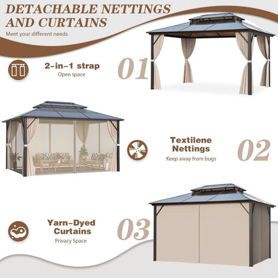 Gazebo à toit rigide EROMMY, pergola d'extérieur avec double toit, filet et rideaux, auvent robuste pour patio, arrière-cour, fête au bord de la piscine
