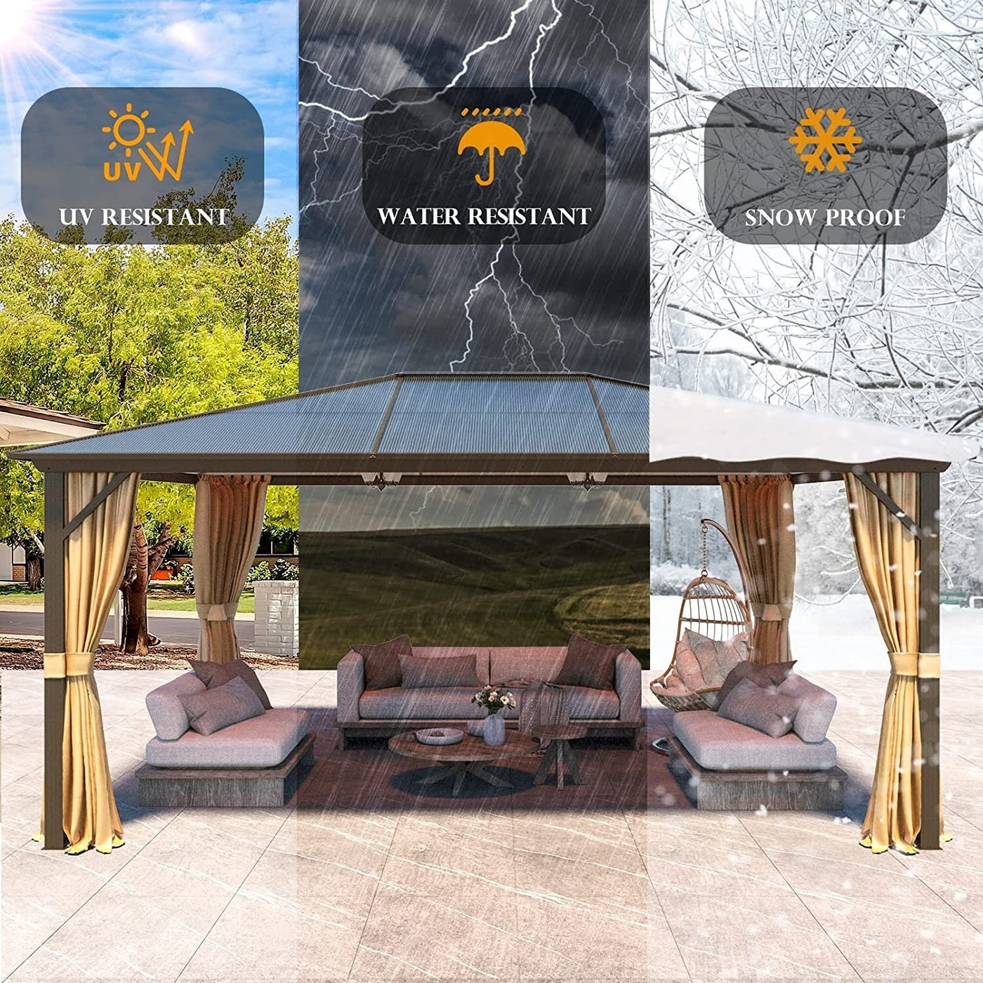 Gazebo à toit rigide EROMMY, pergola d'extérieur avec double toit, filet et rideaux, auvent robuste pour patio, arrière-cour, fête au bord de la piscine