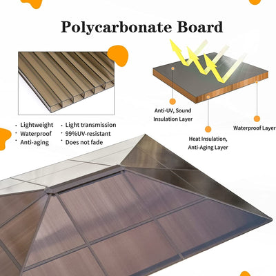 Gazebo à toit rigide EROMMY, pergola d'extérieur avec double toit, filet et rideaux, auvent robuste pour patio, arrière-cour, fête au bord de la piscine