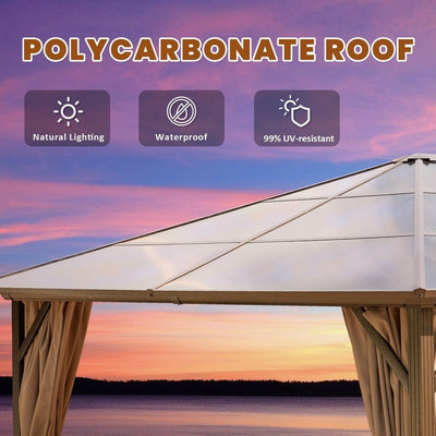 Tonnelle à toit rigide pour jardin – Pergola permanente avec filet, rideaux et double toit, abri extérieur toutes saisons