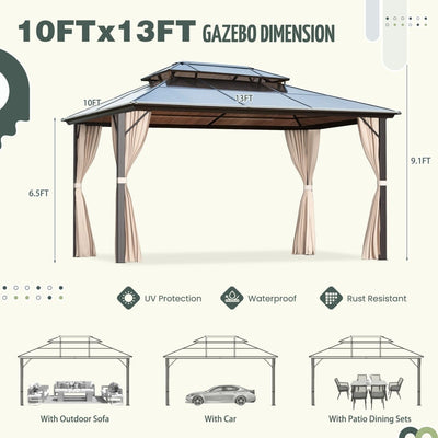 Tonnelle à toit rigide pour jardin – Pergola permanente avec filet, rideaux et double toit, abri extérieur toutes saisons