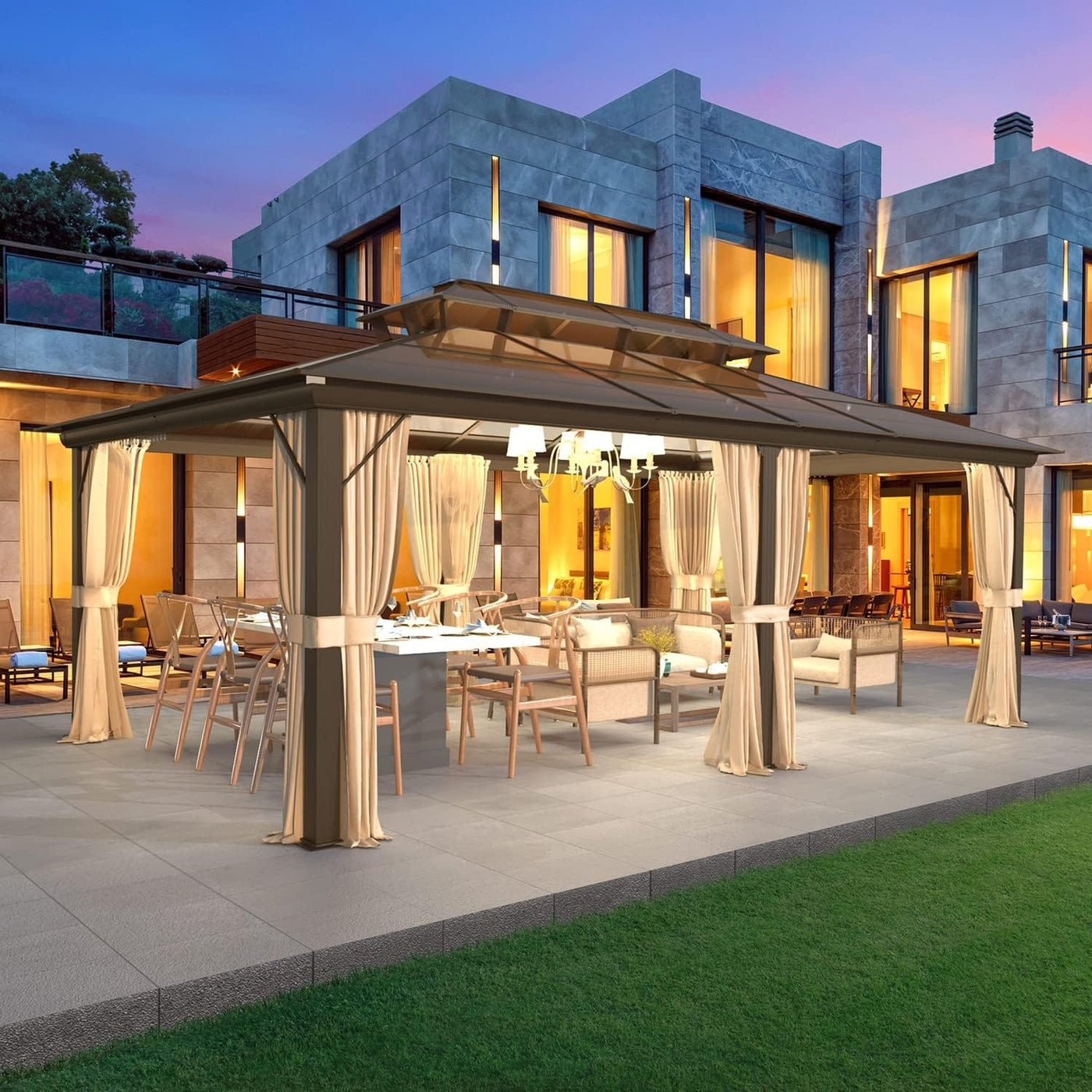 Tonnelle à toit rigide pour jardin – Pergola permanente avec filet, rideaux et double toit, abri extérieur toutes saisons