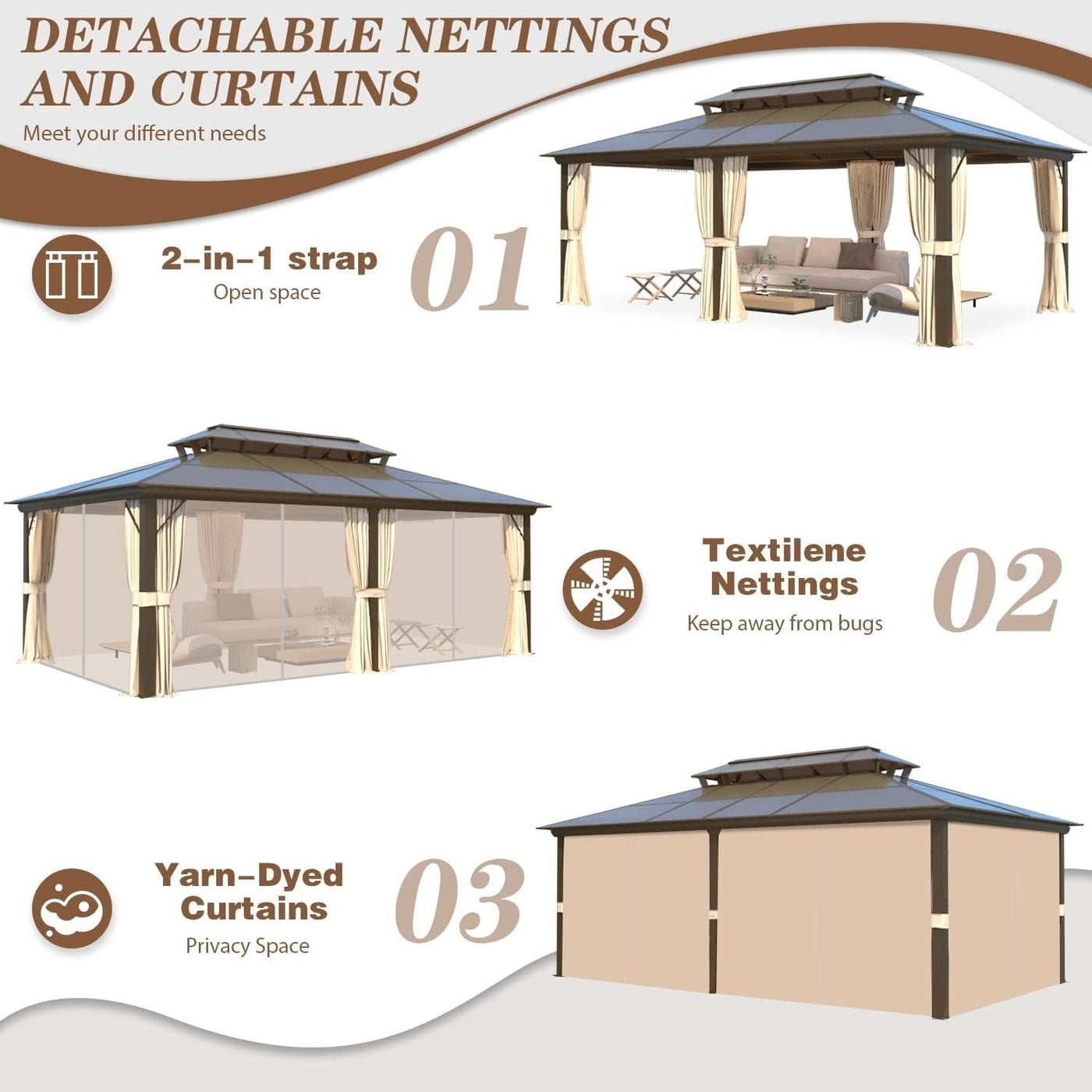 Tonnelle à toit rigide pour jardin – Pergola permanente avec filet, rideaux et double toit, abri extérieur toutes saisons
