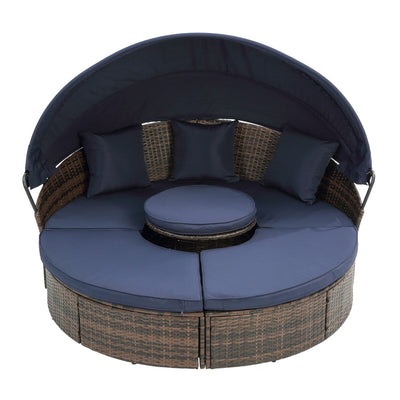 Lit de repos rond en rotin pour extérieur avec table basse relevable, canapé-lit profond bleu marine avec oreillers et coussins lavables