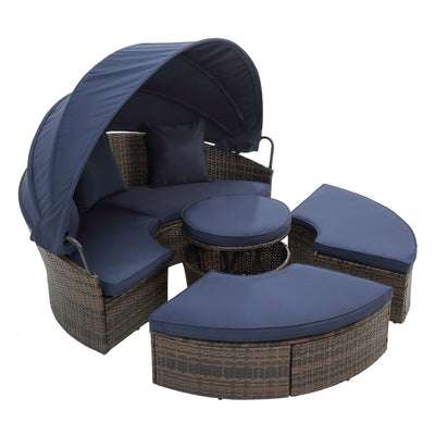 Lit de repos rond en rotin pour extérieur avec table basse relevable, canapé-lit profond bleu marine avec oreillers et coussins lavables