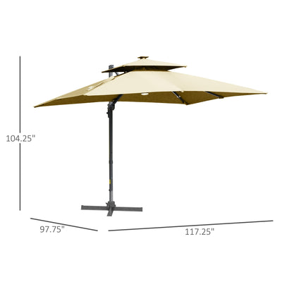 Parasol de terrasse solaire à LED Outsunny de 3 m, parasol suspendu décalé avec rotation à 360°, base croisée, 8 baleines, inclinaison et manivelle