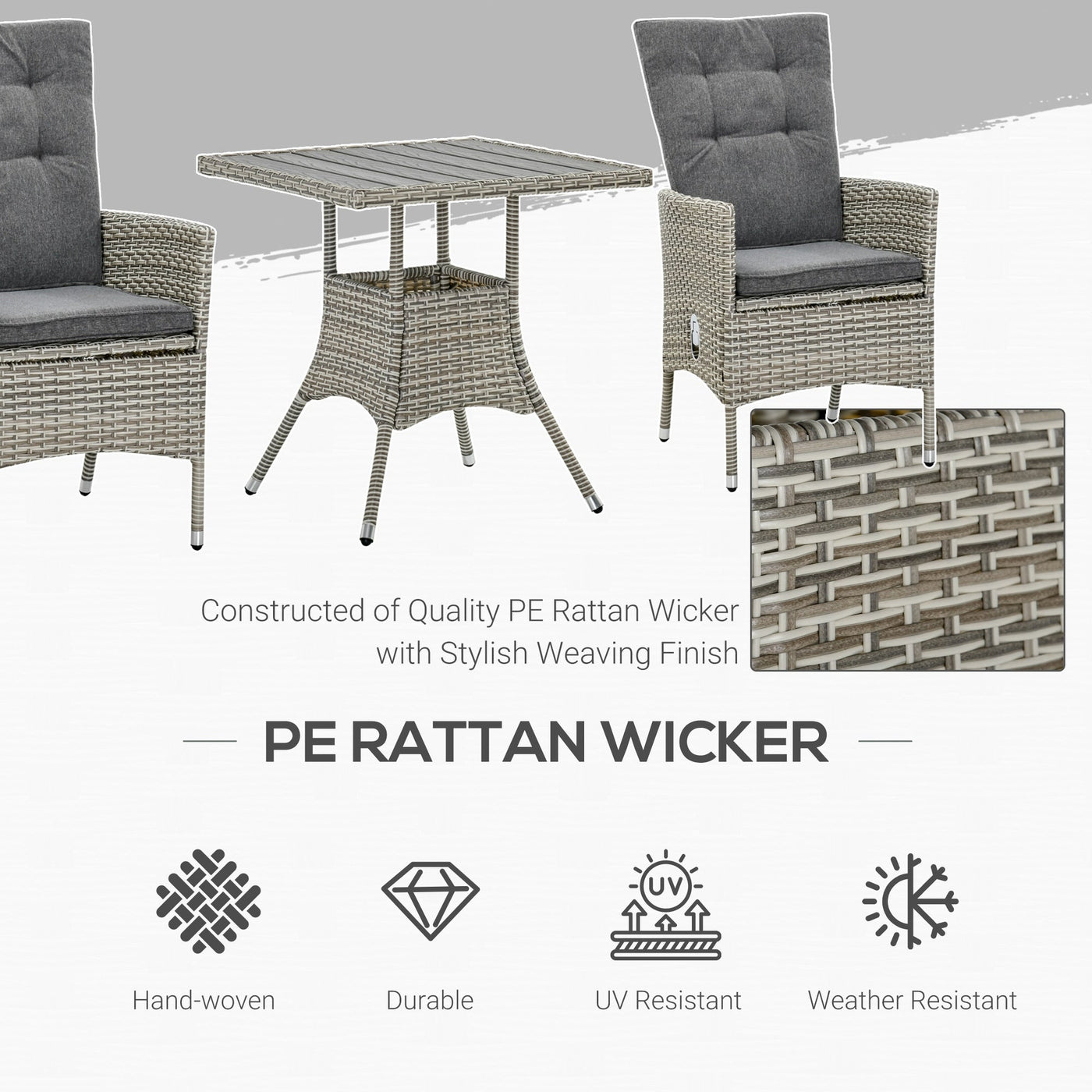 Ensemble de 3 canapés de patio Outsunny en rotin synthétique, chaises inclinables d'extérieur, table basse avec plateau en plastique grain de bois