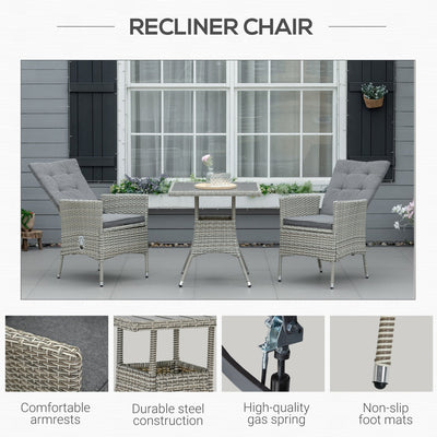 Ensemble de 3 canapés de patio Outsunny en rotin synthétique, chaises inclinables d'extérieur, table basse avec plateau en plastique grain de bois