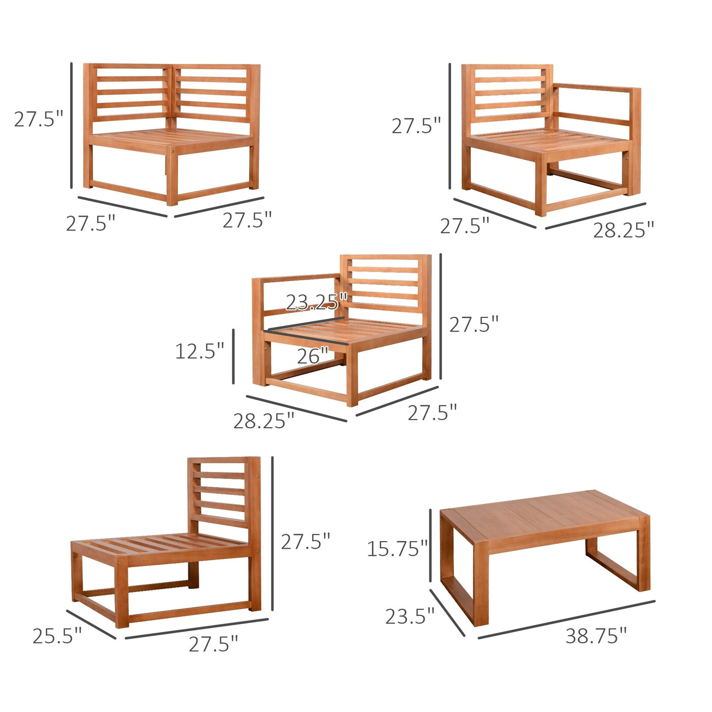 Ensemble de meubles de jardin Outsunny 5 pièces en L, canapé d'extérieur en bois, gris