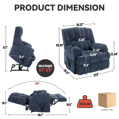 Fauteuil inclinable électrique surdimensionné en chenille avec massage et chauffage lombaire, inclinable en position infinie