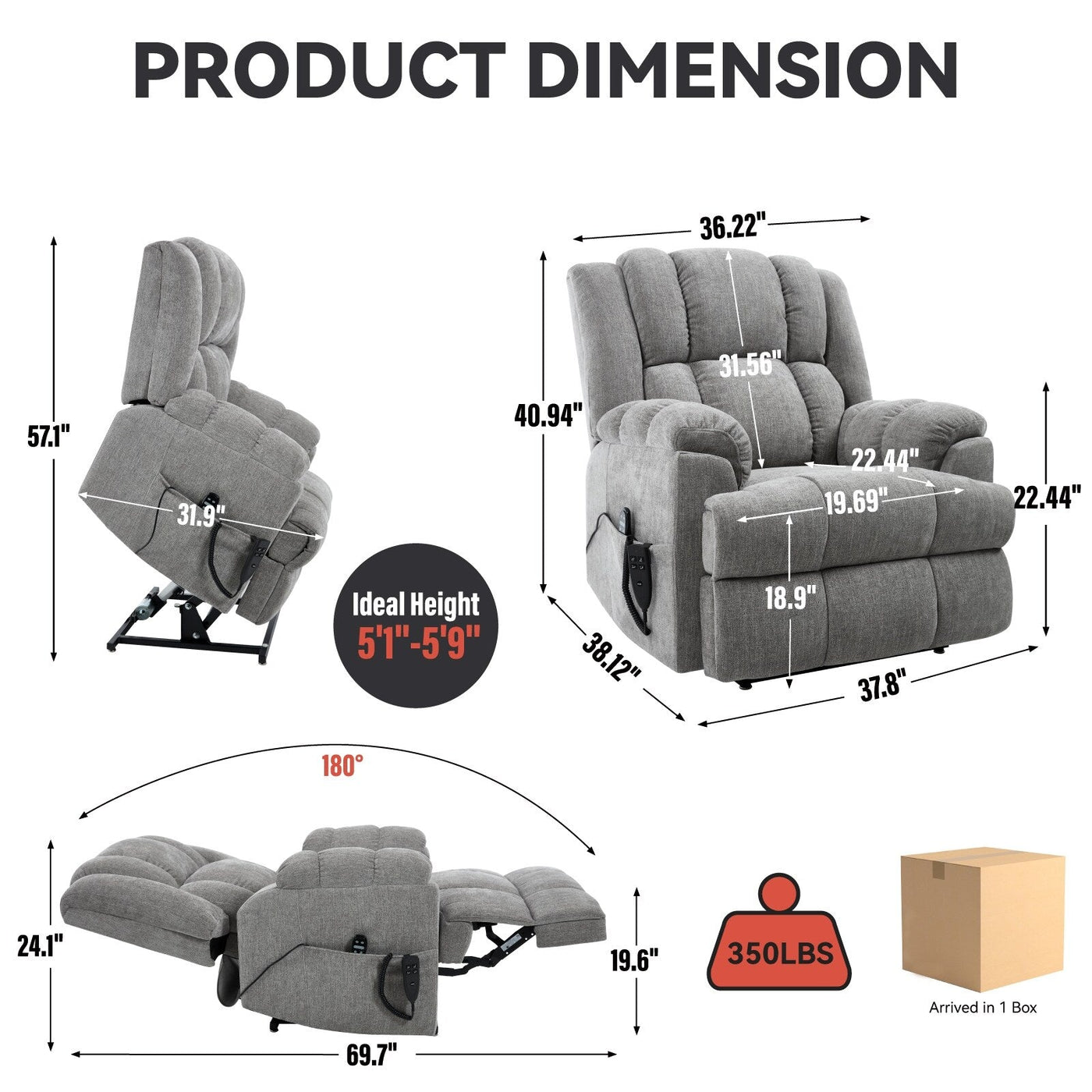 Fauteuil inclinable électrique surdimensionné en chenille avec massage et chauffage lombaire, inclinable en position infinie