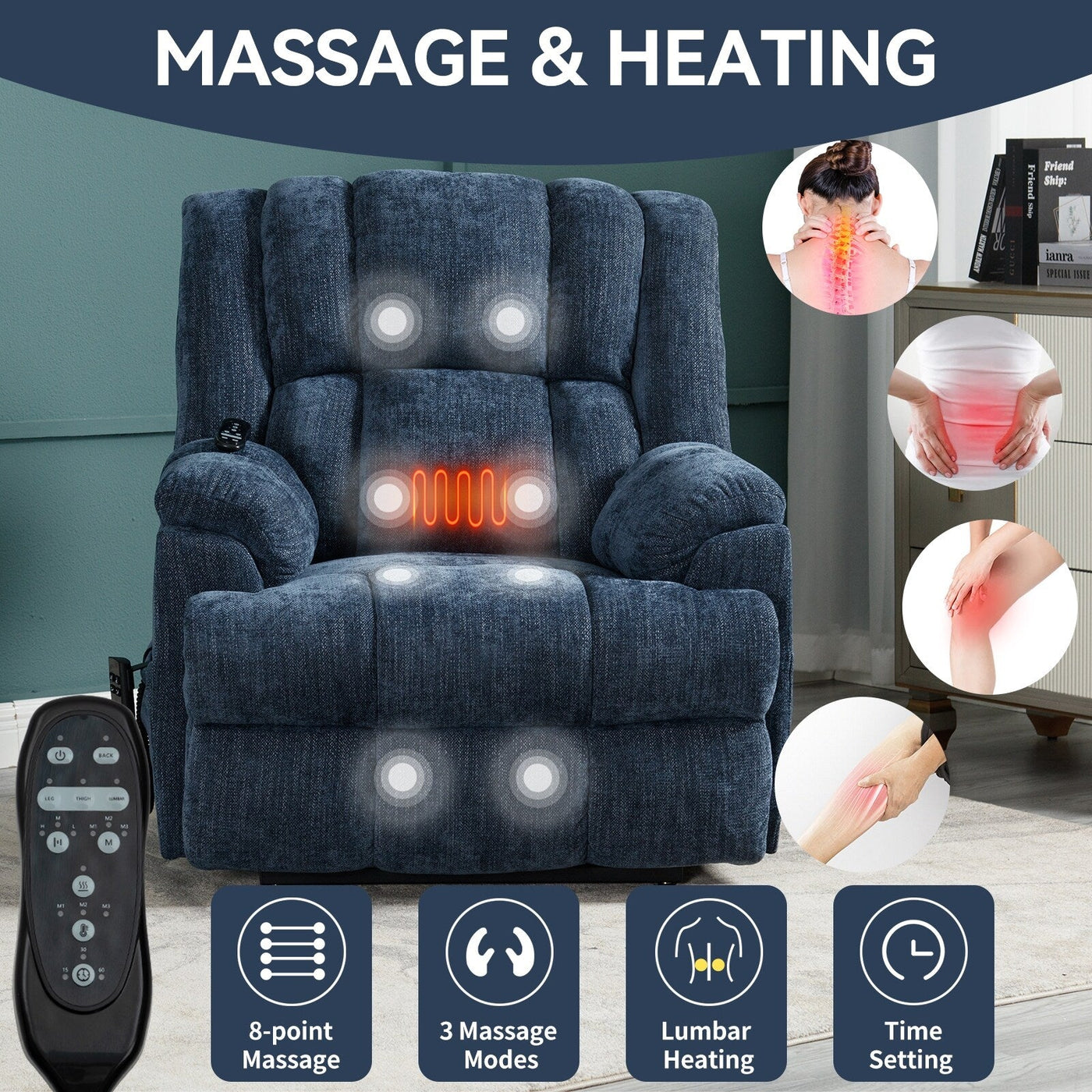 Fauteuil inclinable électrique surdimensionné en chenille avec massage et chauffage lombaire, inclinable en position infinie