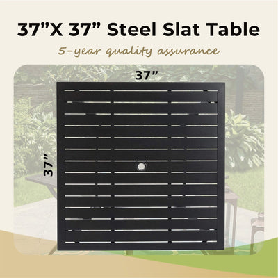 Ensemble de salle à manger de patio 6 pièces MAISON ARTS avec parasol à inclinaison automatique à 3 niveaux de 10 pieds : 4 chaises d'extérieur en métal et 1 table à manger carrée en métal