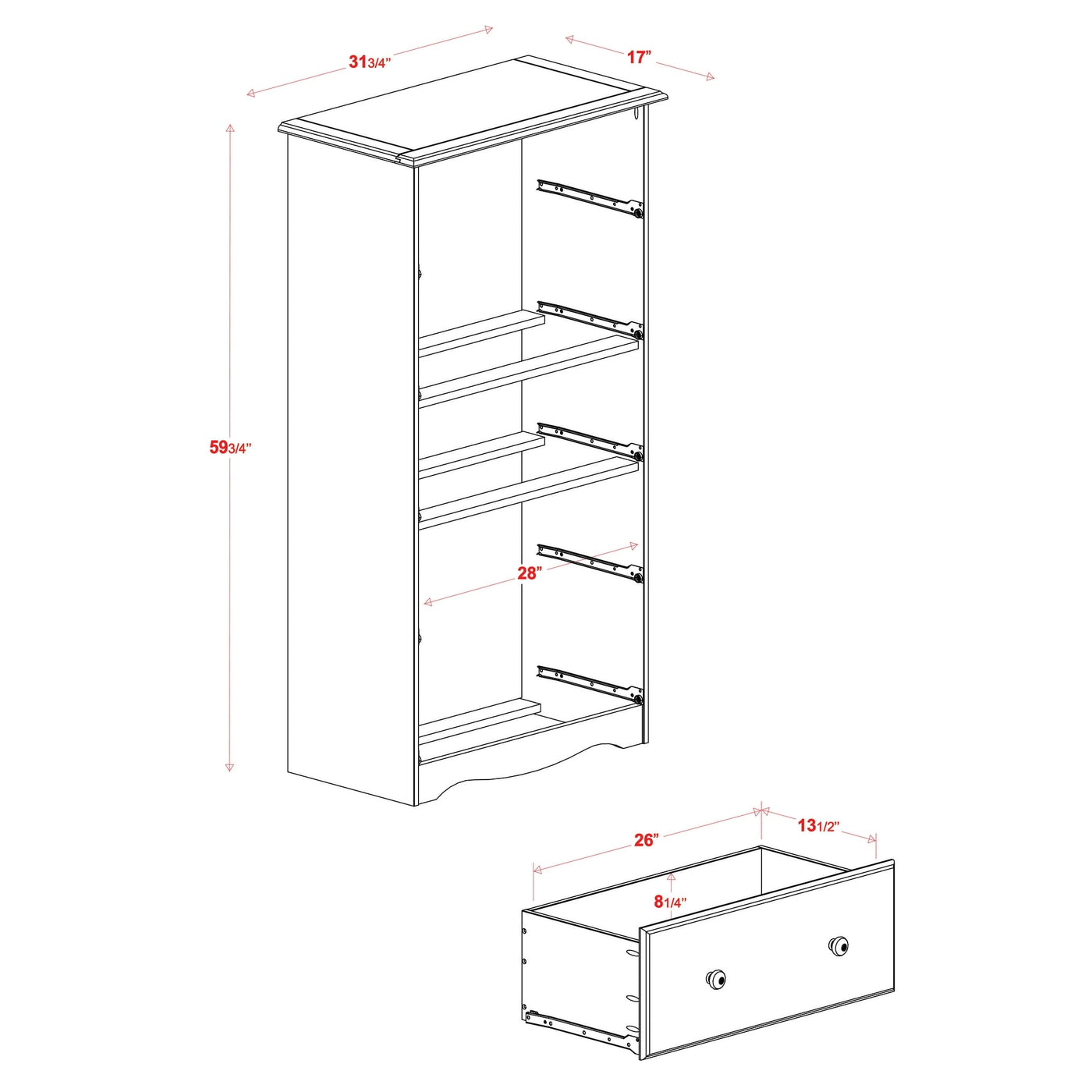 Commode 5 tiroirs géants 100 % bois massif de Palace Imports avec serrure, boutons en métal ou en bois