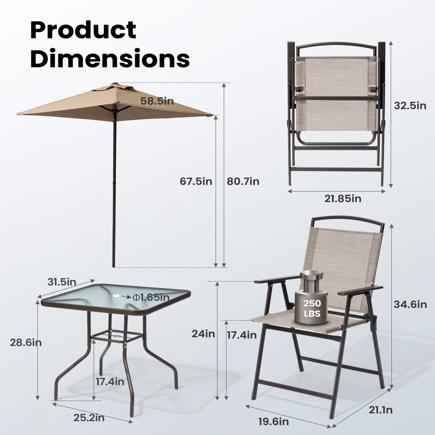 Ensemble de patio Pellebant 6 pièces avec table, parasol et 4 chaises pliantes - 22,4 L x 26,8 P x 34,4 H