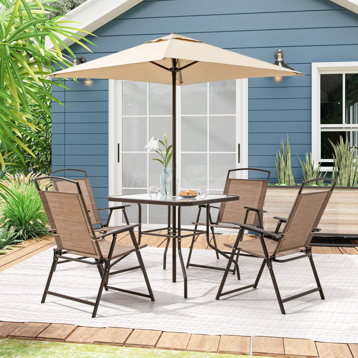 Ensemble de patio Pellebant 6 pièces avec table, parasol et 4 chaises pliantes - 22,4 L x 26,8 P x 34,4 H
