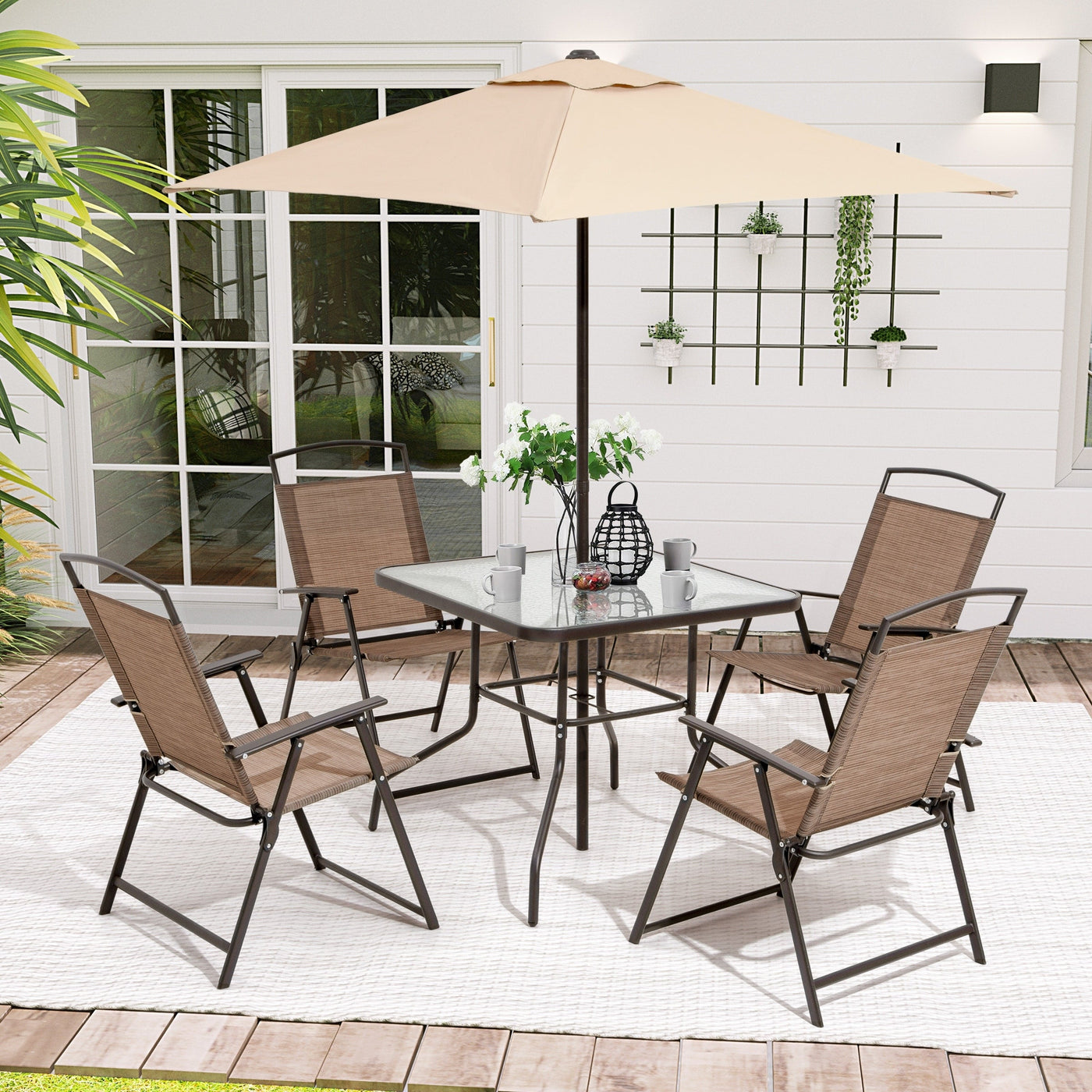 Ensemble de patio Pellebant 6 pièces avec table, parasol et 4 chaises pliantes - 22,4 L x 26,8 P x 34,4 H