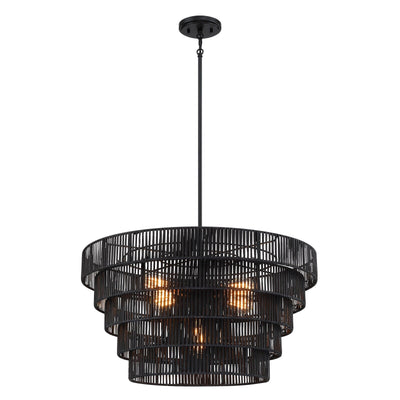 Lustre bohème moderne Piersan à 5 lumières avec abat-jour en rotin à plusieurs niveaux - 26 po de largeur