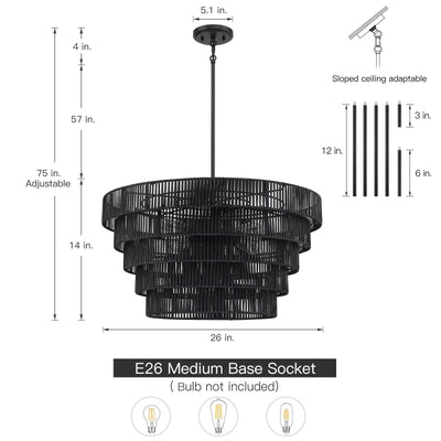 Lustre bohème moderne Piersan à 5 lumières avec abat-jour en rotin à plusieurs niveaux - 26 po de largeur