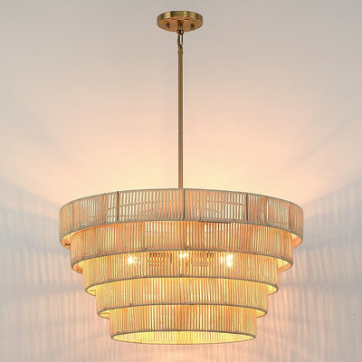 Lustre bohème moderne Piersan à 5 lumières avec abat-jour en rotin à plusieurs niveaux - 26 po de largeur