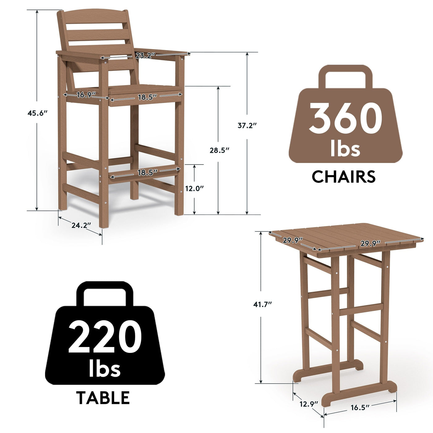 Ensemble de 3 chaises hautes Adirondack en plastique pour patio