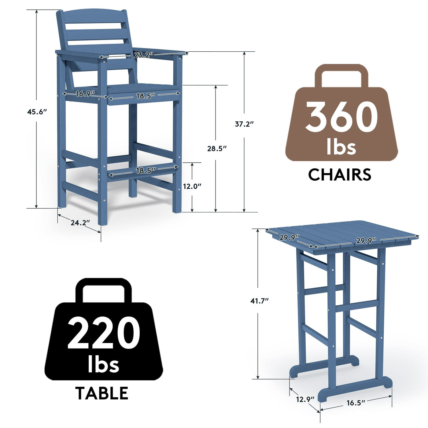 Ensemble de 3 chaises hautes Adirondack en plastique pour patio