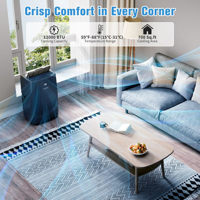 Climatiseur portatif avec chauffage – 12 000 BTU de refroidissement et 10 000 BTU de chauffage pour pièces jusqu'à 700 pi²