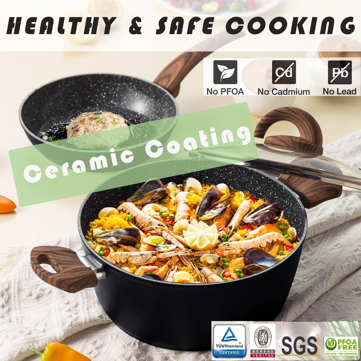 Ensemble de casseroles et poêles antiadhésives, batterie de cuisine en céramique avec motifs, ustensiles de cuisine à induction avec poêles, cocotte avec couvercles