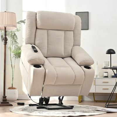 Fauteuil releveur électrique pour personnes âgées, en tissu, avec repose-pieds allongé, 2 porte-gobelets, poches latérales et télécommande.
