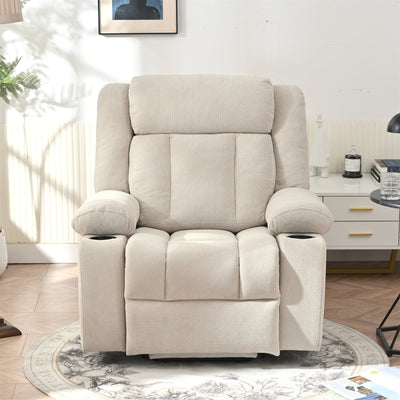 Fauteuil releveur électrique pour personnes âgées, en tissu, avec repose-pieds allongé, 2 porte-gobelets, poches latérales et télécommande.