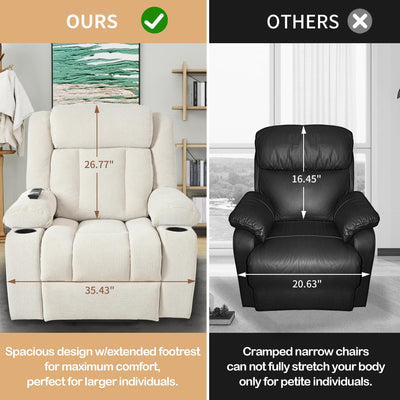 Fauteuil releveur électrique pour personnes âgées, en tissu, avec repose-pieds allongé, 2 porte-gobelets, poches latérales et télécommande.