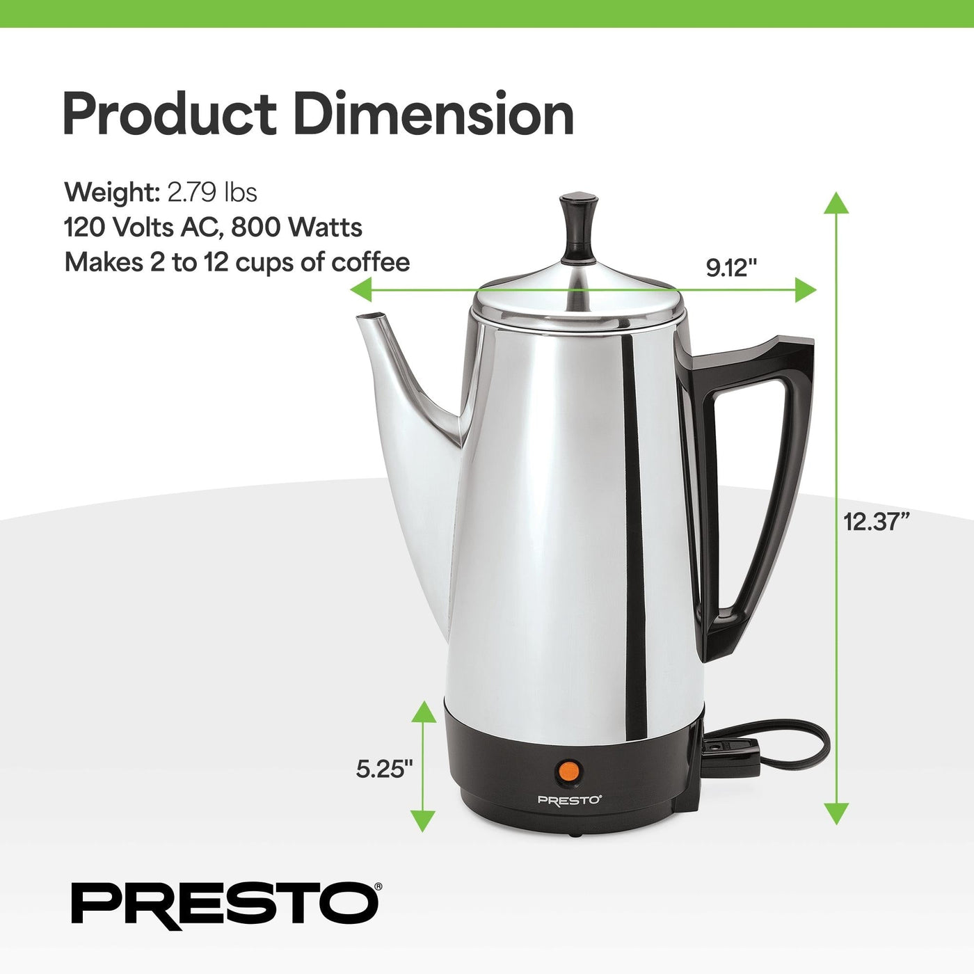 Cafetière Presto en acier inoxydable, percolateur robuste 12 tasses, argent - 2,79