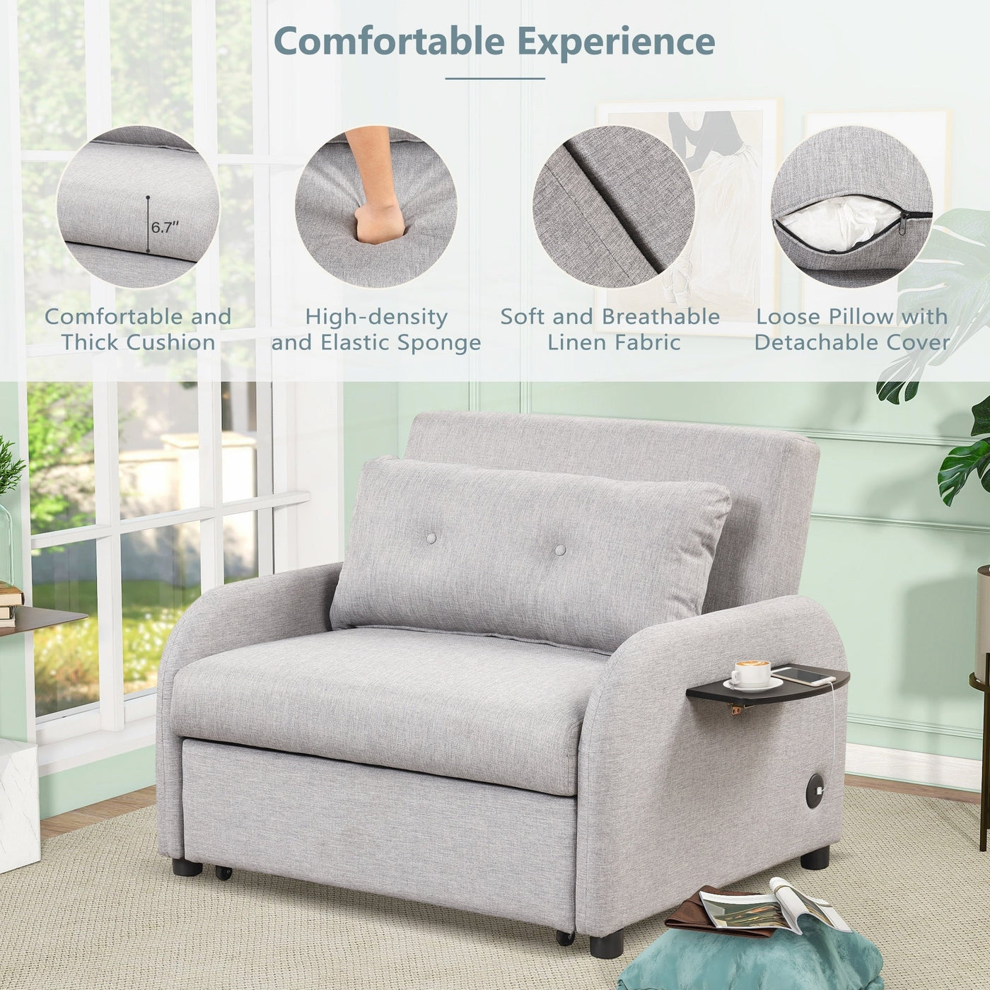 Canapé-lit gigogne 3 en 1 avec table à 2 oreilles