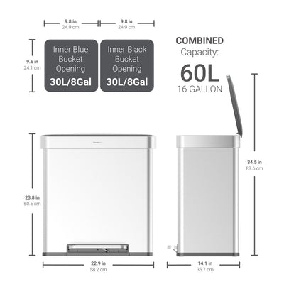 Poubelle de recyclage rectangulaire Qualiazero 16 gal (unité double 8 gal) - Acier inoxydable