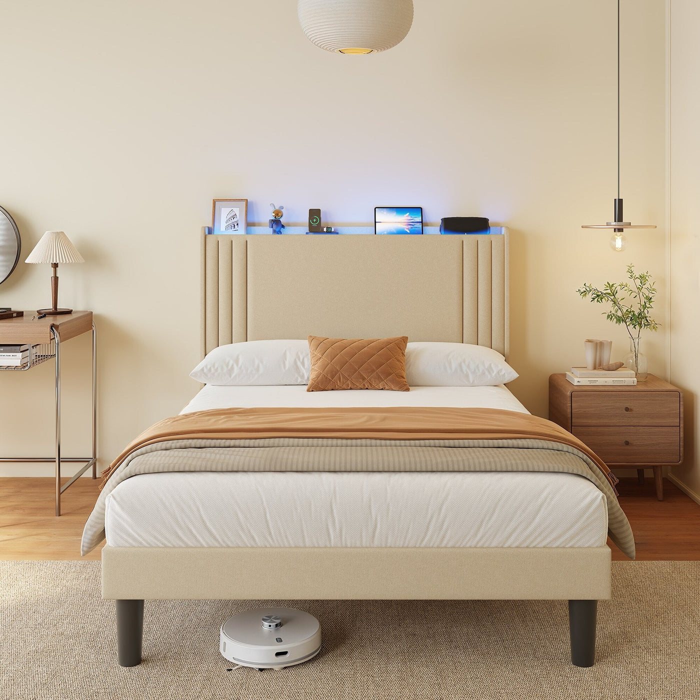 Lit Queen/Full rembourré à canaux verticaux avec tête de lit à oreilles