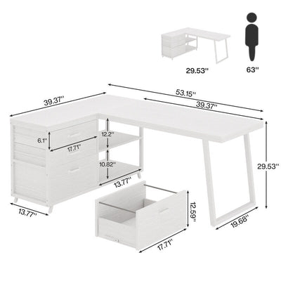 Bureau réversible en L avec tiroirs classeurs, bureau d'angle pour ordinateur