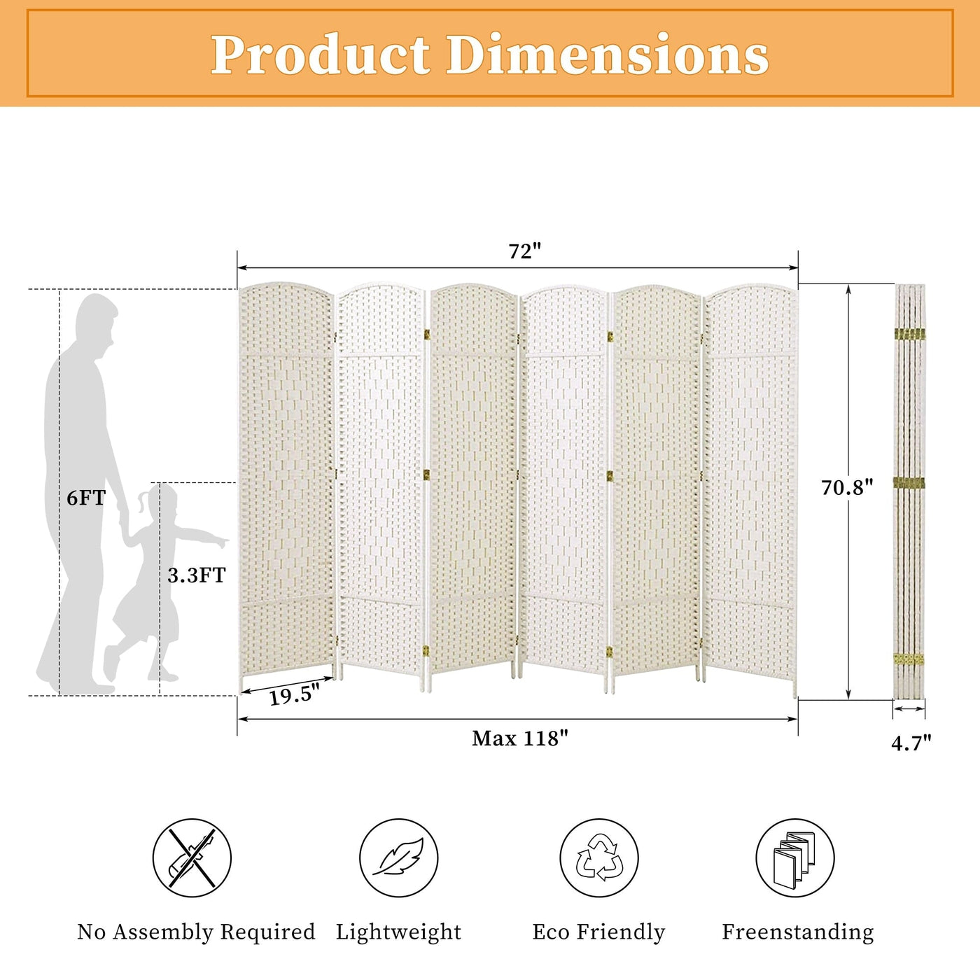 Paravent de séparation de pièce de 6 pieds de haut en fibre tissée, écran de confidentialité autoportant, écran pliant