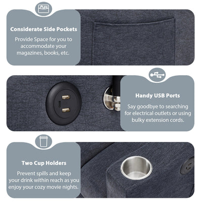 Canapé-lit convertible Roomfitters avec ports USB, poches latérales, porte-gobelets et support de téléphone pivotant pour le salon