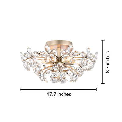 Plafonnier Rosa à 6 lumières en cristal argenté brossé, motif fleur de champagne - 45 cm de diamètre x 22 cm de hauteur