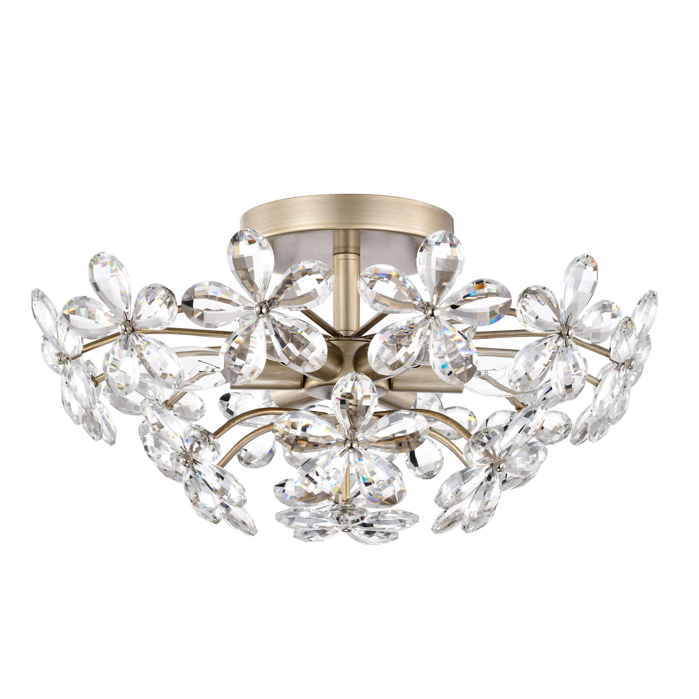 Plafonnier Rosa à 6 lumières en cristal argenté brossé, motif fleur de champagne - 45 cm de diamètre x 22 cm de hauteur
