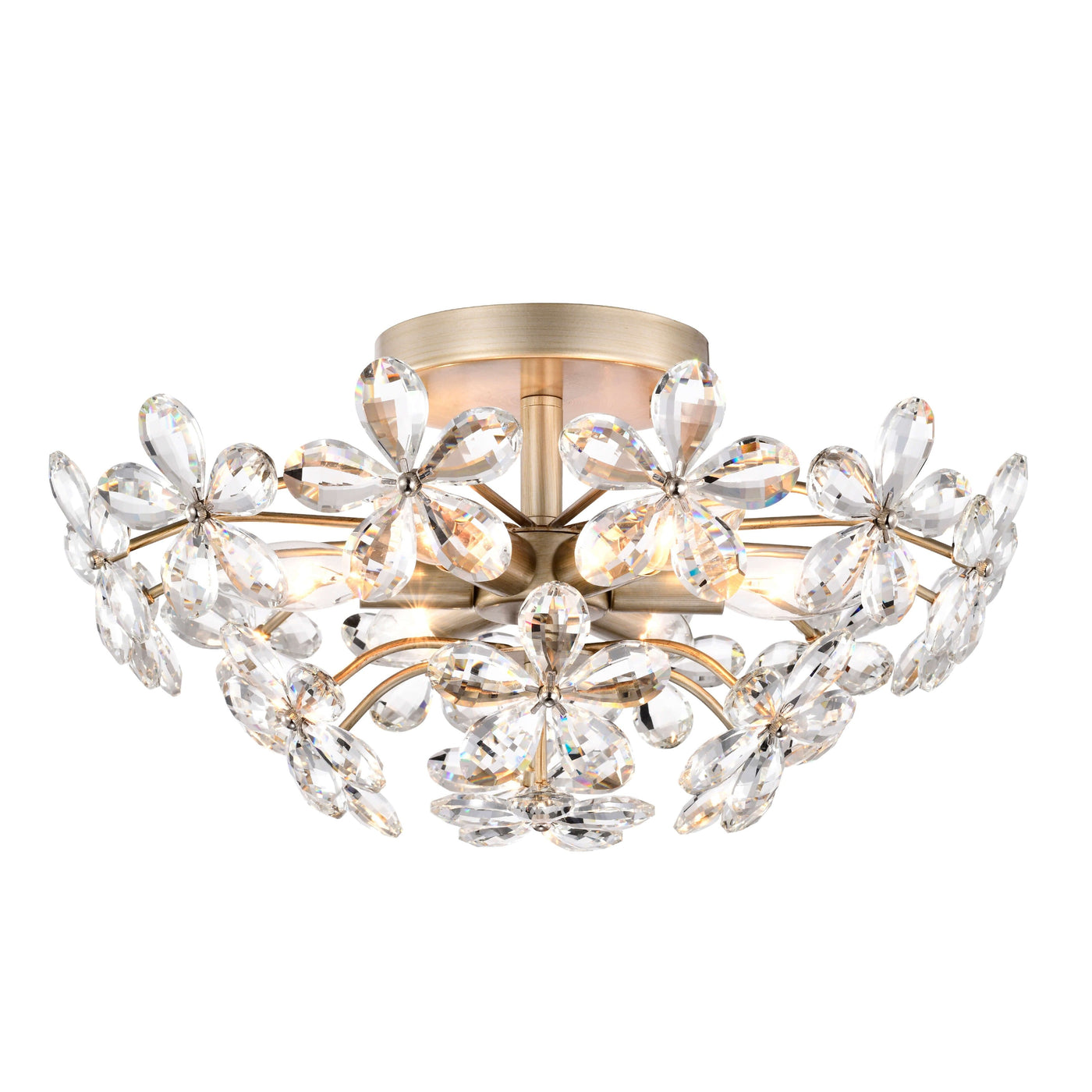 Plafonnier Rosa à 6 lumières en cristal argenté brossé, motif fleur de champagne - 45 cm de diamètre x 22 cm de hauteur