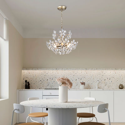 Lustre Rosa à 6 lumières en cristal argenté brossé avec motif de fleurs champagne