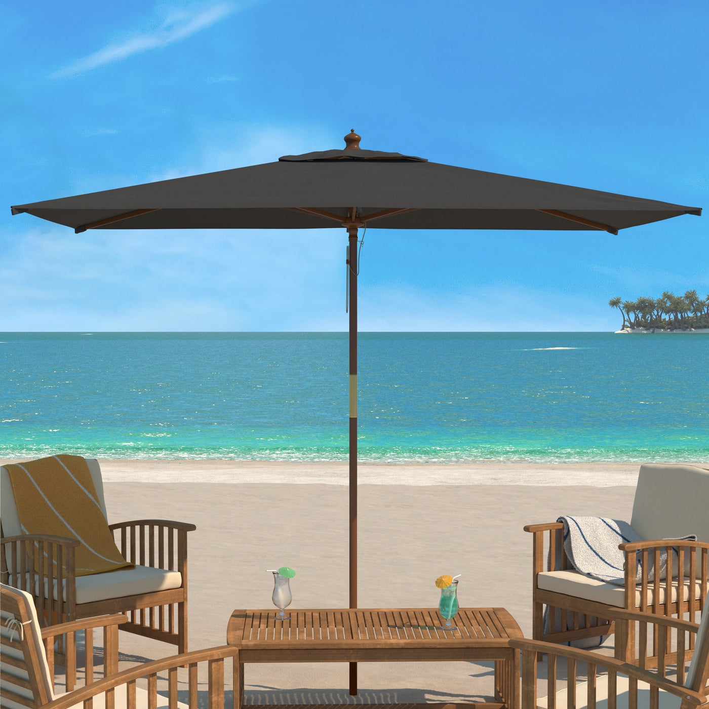 Parasol de marché à poulie en bois SAFAVIEH Outdoor Glauca de 11 pieds