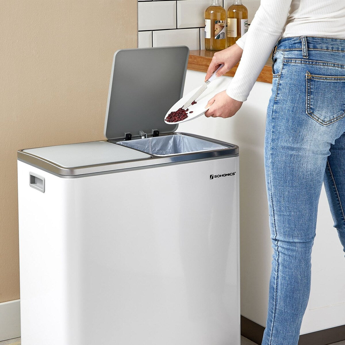 Poubelle double SONGMICS, 2 x 8 gallons, acier inoxydable