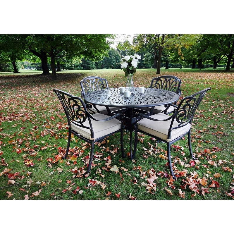 Ensemble de salle à manger rond en aluminium Saratoga 5 pièces avec coussins Sunbrella - Meilleur mobilier d'extérieur